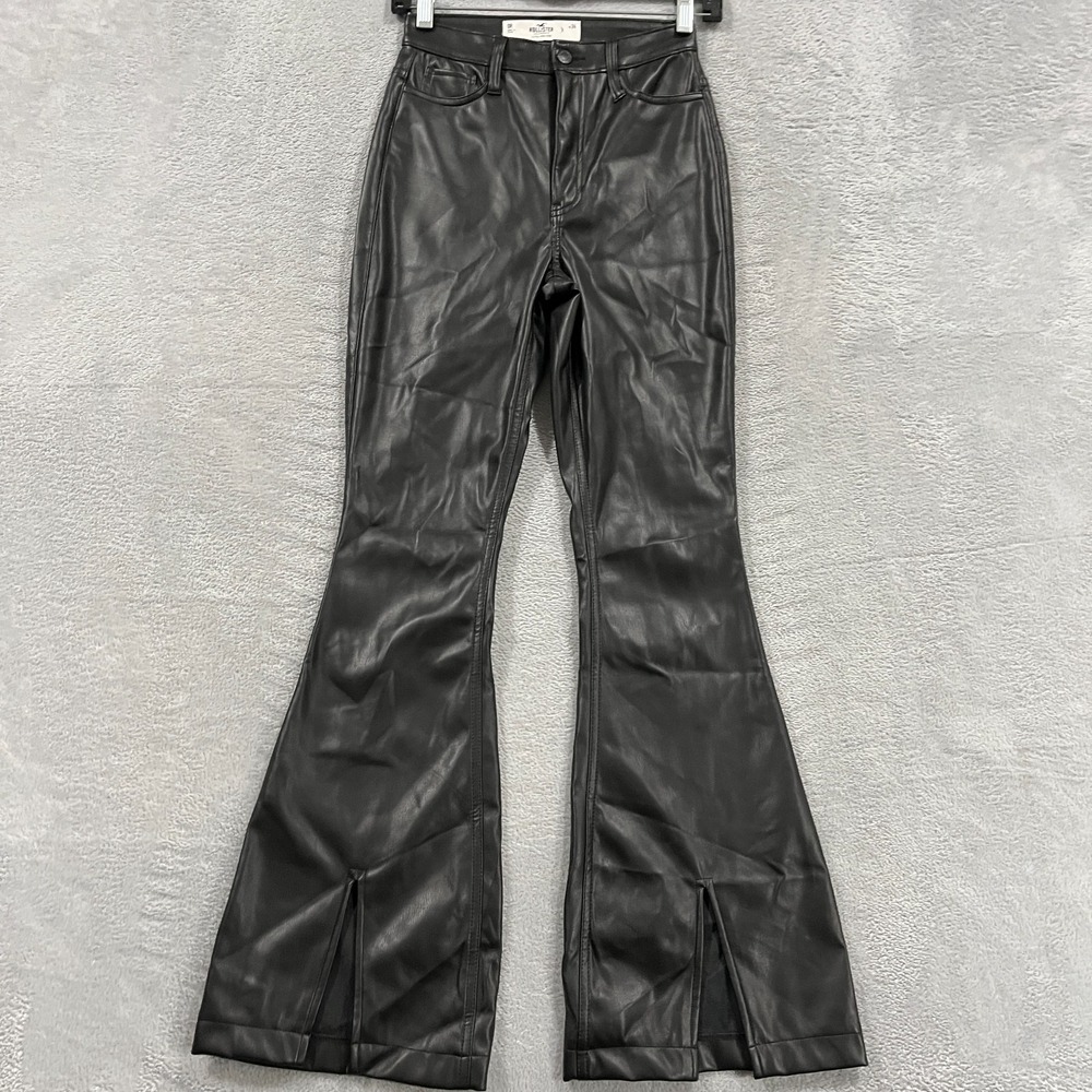 Hollister Faux Leather Split Flare Pants Women 0R 24 High Rise Black Grunge Goth